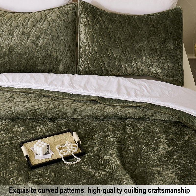 LR Rocaloca Luxury Oversized King Quilt 120x120 Bedspreads Coverlet Bedding Set Velvet Comforter King Size 3 Pieces Set with 1 Quilted Beauty Bedspreads and 2 Pillow Shams 20x36,Army Green - Image 4