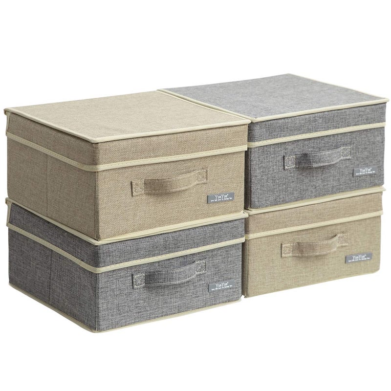YueYue 4 Pack Small Fabric Storage Box with Lids Foldable Linen Storage Box with Lids 4 Pieces GrayLinen Set 124in12in67in