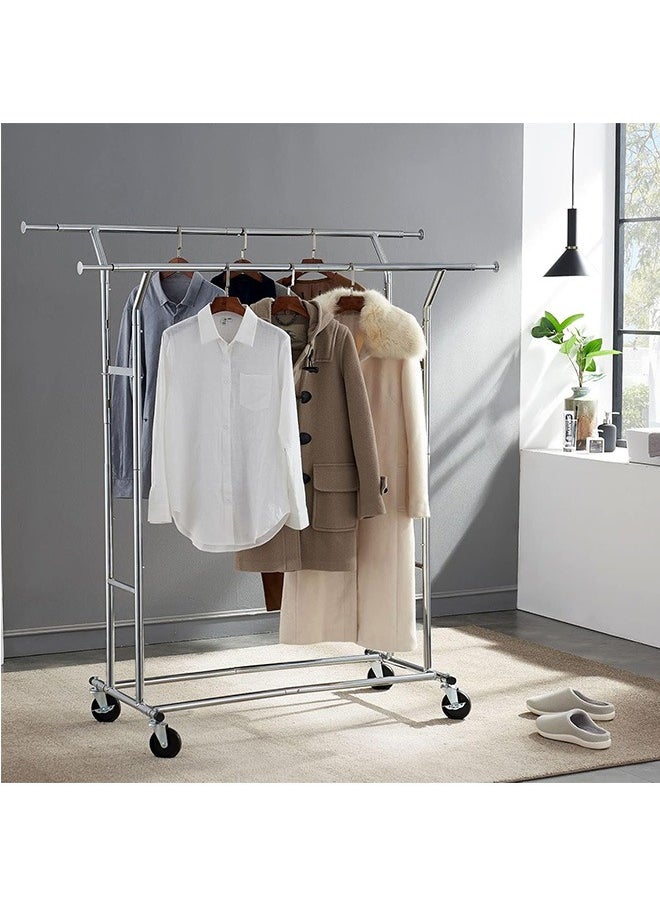 LENND Heavy Duty Double Track Clothing Hanger. Commercial Grade Weight Capacity. Clothing Hanger. Heavy Duty Double Track Adjustable Foldable Rolling. Wheeled Hanger  - Image 2