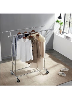 LENND Heavy Duty Double Track Clothing Hanger. Commercial Grade Weight Capacity. Clothing Hanger. Heavy Duty Double Track Adjustable Foldable Rolling. Wheeled Hanger  - Image 5