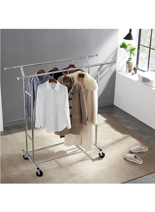LENND Heavy Duty Double Track Clothing Hanger. Commercial Grade Weight Capacity. Clothing Hanger. Heavy Duty Double Track Adjustable Foldable Rolling. Wheeled Hanger  - Image 5