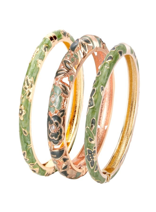 UJOY Women Cloisonne Bracelet Multi-Colors Plated Rhinestone Flower Hollowed Enameled Hinged Cuff Bangles Jewelry Gift 88A10 3pcs Green - Image 1