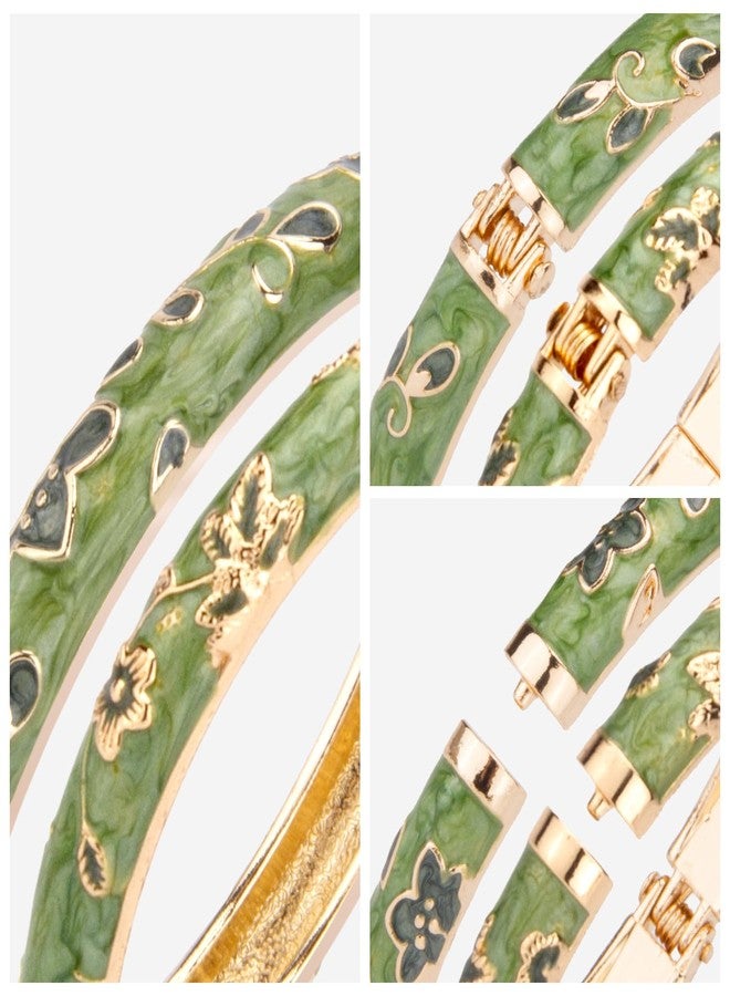 UJOY Women Cloisonne Bracelet Multi-Colors Plated Rhinestone Flower Hollowed Enameled Hinged Cuff Bangles Jewelry Gift 88A10 3pcs Green - Image 4