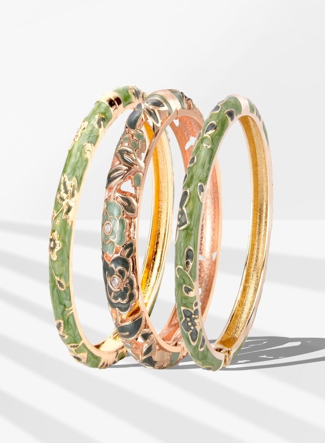 UJOY Women Cloisonne Bracelet Multi-Colors Plated Rhinestone Flower Hollowed Enameled Hinged Cuff Bangles Jewelry Gift 88A10 3pcs Green - Image 2