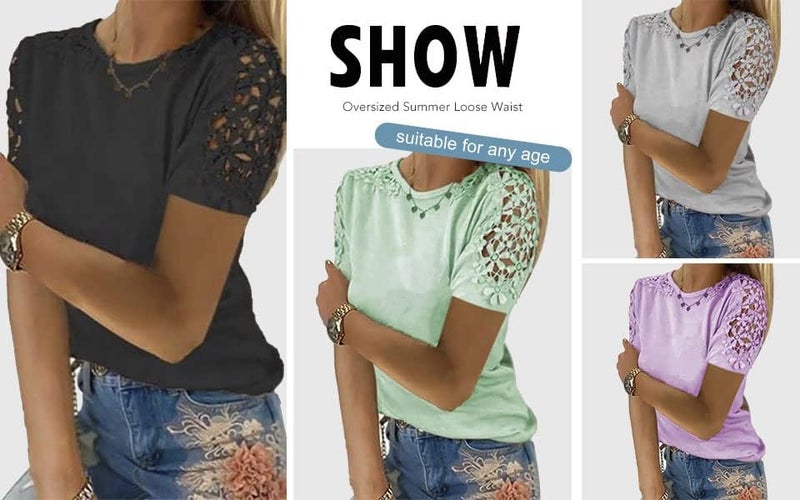 klarako Women Round Neck T Shirt Lace Short Sleeve Summer Casual Loose Blouse Solid Color Crew Neck Tee Pullover Tunic Top - Image 4