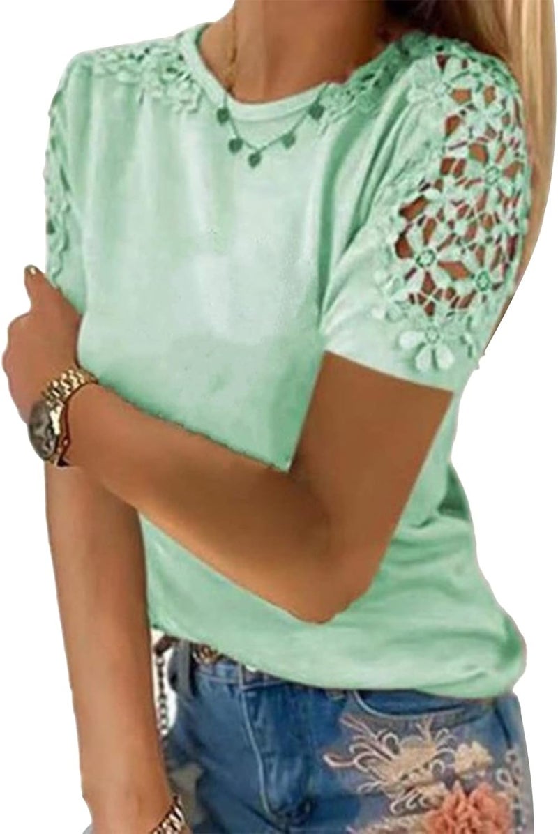klarako Women Round Neck T Shirt Lace Short Sleeve Summer Casual Loose Blouse Solid Color Crew Neck Tee Pullover Tunic Top - Image 1