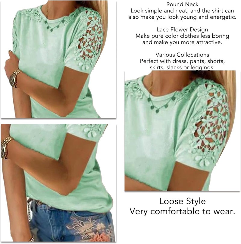 klarako Women Round Neck T Shirt Lace Short Sleeve Summer Casual Loose Blouse Solid Color Crew Neck Tee Pullover Tunic Top - Image 2
