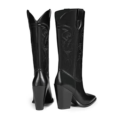 ISNOM Women's Black Cowgirl Knee High Boots - Tall & Mid Calf, Wide Calf Sizes - Image 3