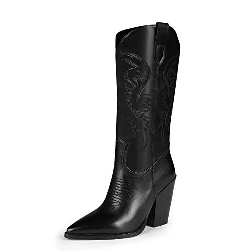 ISNOM Women's Black Cowgirl Knee High Boots - Tall & Mid Calf, Wide Calf Sizes - Image 1