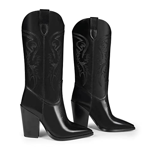 ISNOM Women's Black Cowgirl Knee High Boots - Tall & Mid Calf, Wide Calf Sizes - Image 2