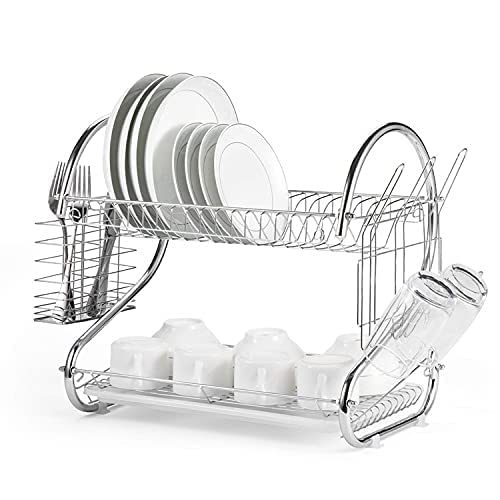 SAJAG Stainless Steel S Shape 2 Layer Kitchen Dish Drainer Organizer Storage Rack Plate Cutlery Utensil Fruits and Vegetable Drying Drain and Storage Stand Silver - Image 2