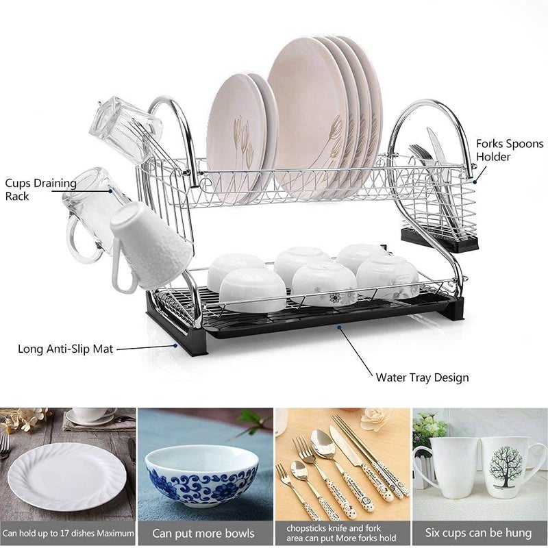 SAJAG Stainless Steel S Shape 2 Layer Kitchen Dish Drainer Organizer Storage Rack Plate Cutlery Utensil Fruits and Vegetable Drying Drain and Storage Stand Silver - Image 4