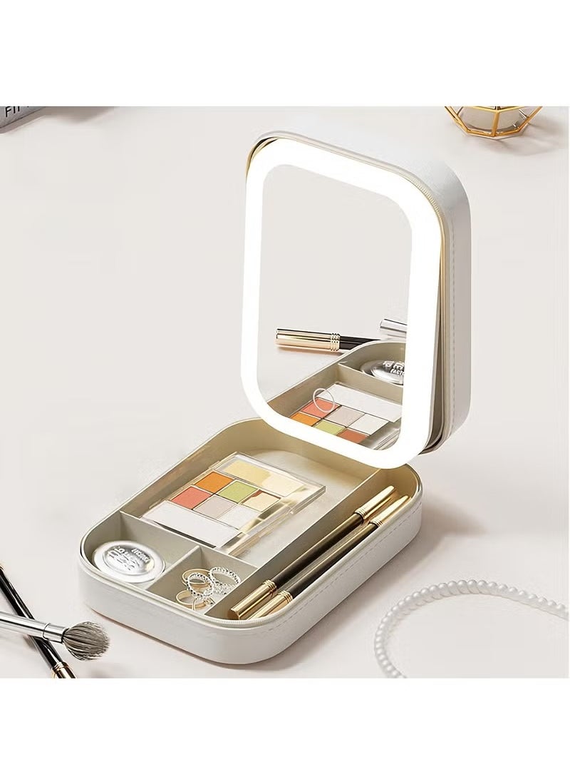 Arabest Travel Makeup Mirror with Light, Compact Makeup Bag with LED Mirror, Portable Lighted Beauty Mirror, 3-Color Lighting Makeup Case, 1200mAh Rechargeable Tabletop Cosmetic Mirror, White  - Image 1