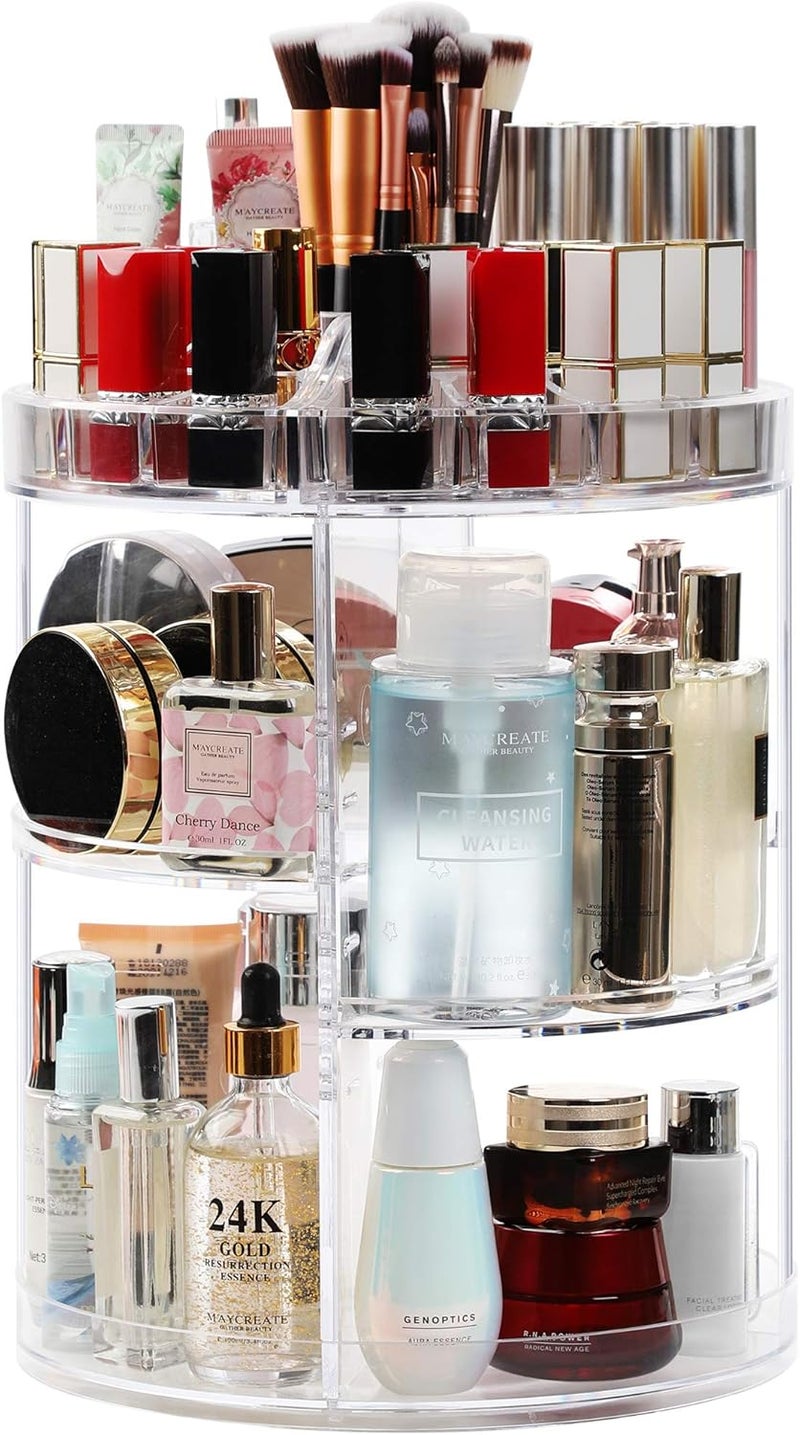 حامل سميك كبير شفاف قابل للتعديل وللدوران بزاوية 360 درجة من الاكريليك لتنظيم مستلزمات التجميل وفرش المكياج واحمر الشفاه للحمام - Image 1