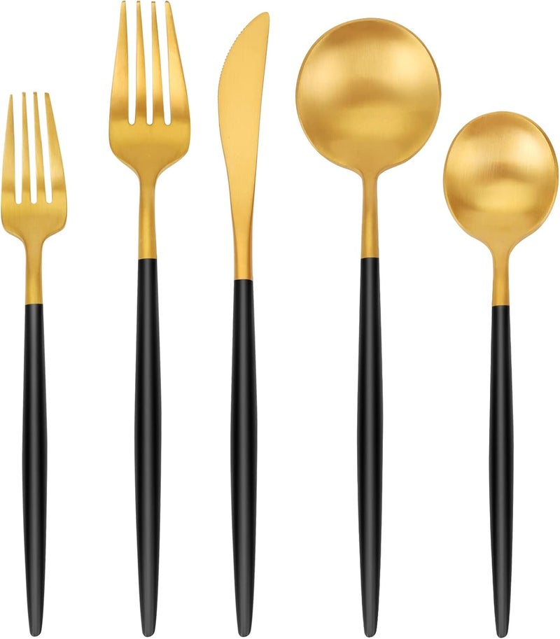 SHARECOOK 30Piece Matte Gold Silverware Set  Stainless Steel Satin Finish Flatware Service for 6 Kitchen Utensil Set With Black Handle - Image 1