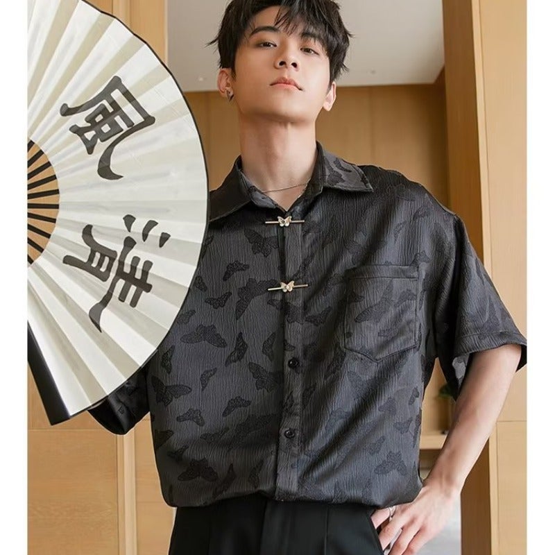 New Chinese style mens short sleeve shirt mens summer high-grade jacquard texture shirt fashion brand half sleeve coat Black - Image 1