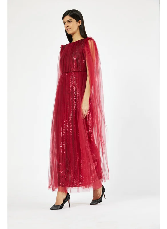 امري Tulle Cape Sleeve Sequined Fitted Gown