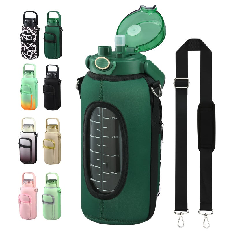 chunmo Half Gallon 64oz Glass Water Bottle with Straw and Storage Sleeve Motivational Water Bottle with Strap and Time to Drink 2L Leakproof Reusable Water Jug for Fitness Gym and Outdoors