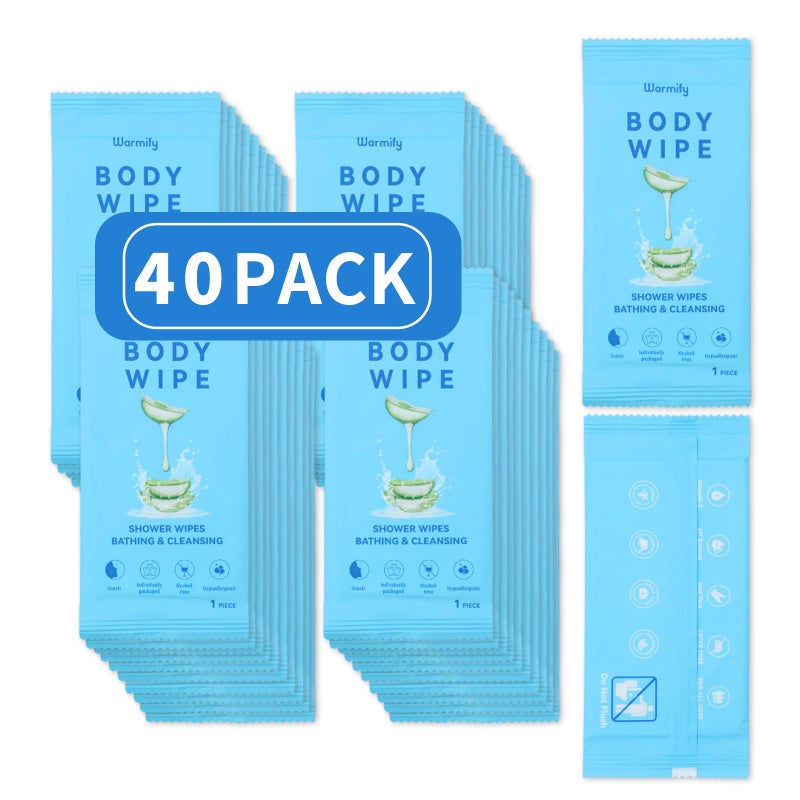 Warmify 40 Pcs Body Wipes Individually Wrapped (9.29" x 8"), Large Shower Wipes for Adults Bathing No Rinse, Portable Personal Cleansing for Gym, Camping, Hiking, Backpacking,Bulk Homeless Supplies - Image 1