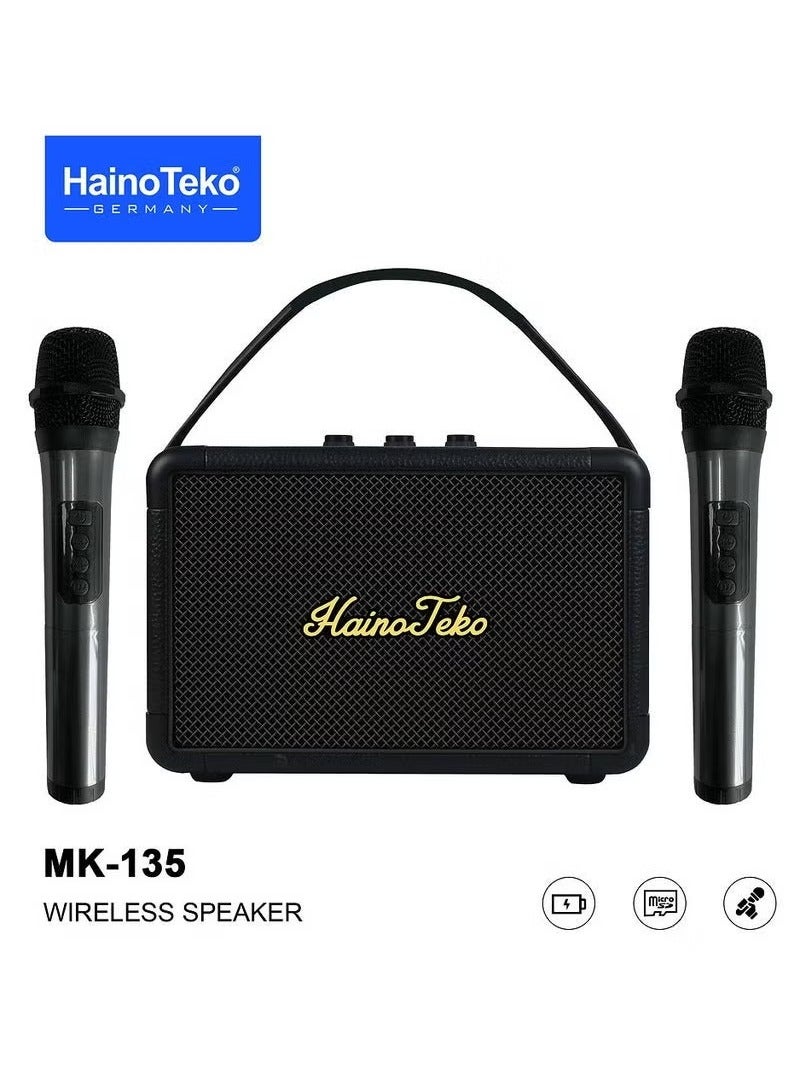 Haino Teko MK-135 Portable Wireless Speaker with Dual Microphones – Bluetooth Speaker System for Indoor & Outdoor Use, Powerful Sound, Built-In Rechargeable Battery, Ideal for Parties, Karaoke, Events, and Outdoor Activities (Black)  - Image 1