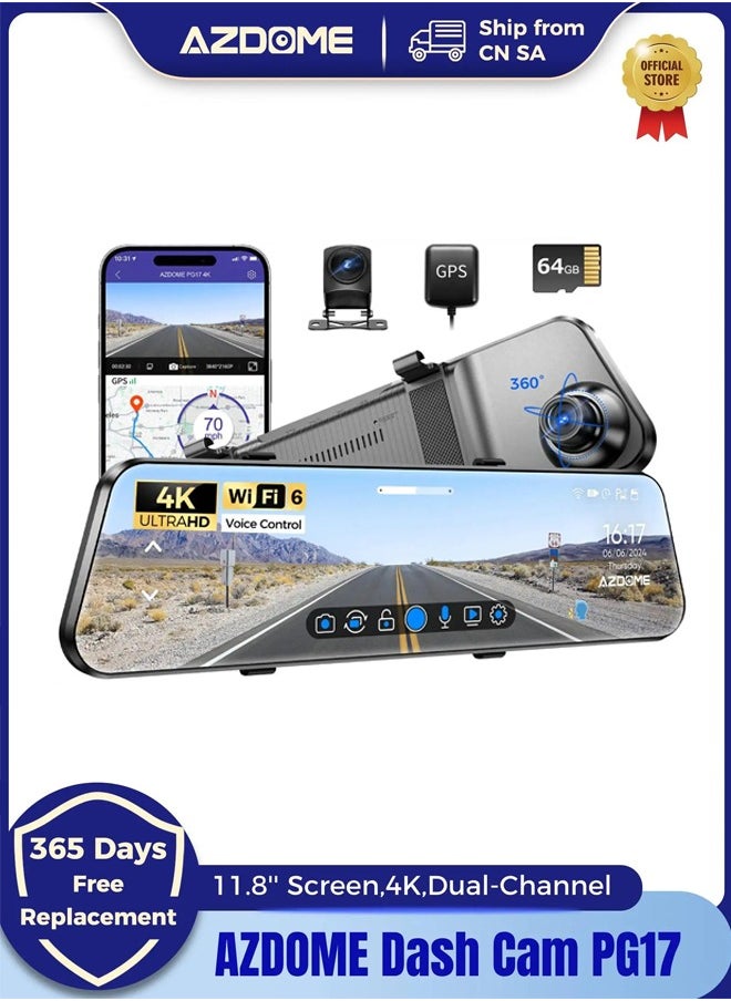 AZDOME AZDOME PG17 12" WiFi Mirror Dash Cam 4K Front and 1080P Rear View Mirror Camera for Cars Dual Camera Waterproof Backup Camera  - Image 1