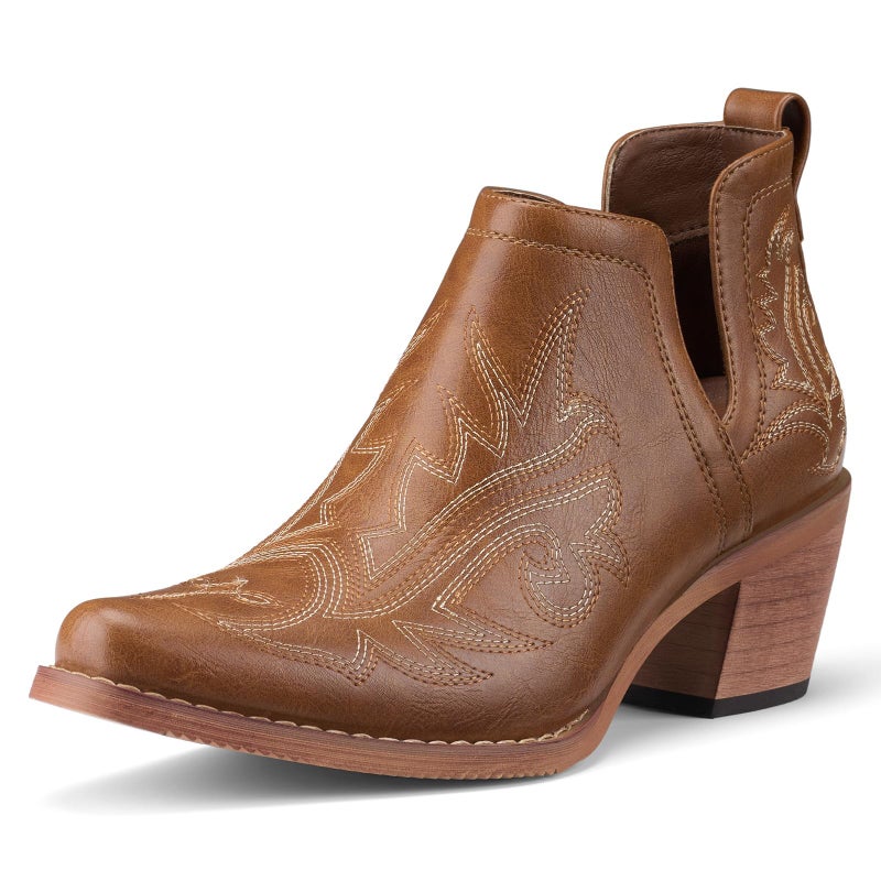 Rollda Cowboy Ankle Booties for Women, Cowgirl Short Boots with Chunky Stack Heels, V Cutout Ladies Western Booties for Cowboy Chic Style, Brown, Size 9 - Image 1
