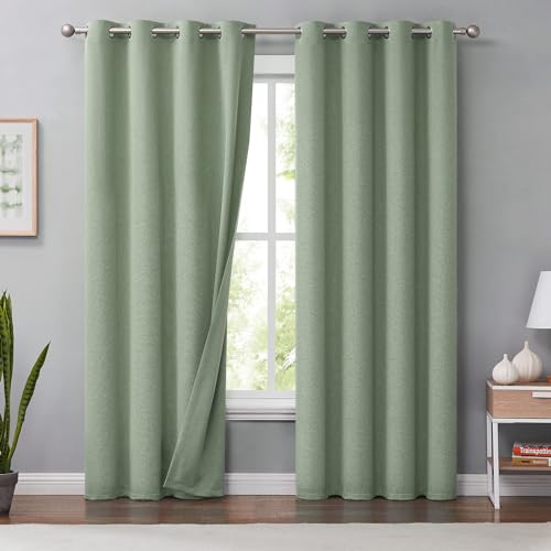 Melodieux Green Linen Blackout Curtains 84 Inches Long for Bedroom, Living Room Rustic Burlap Thermal Insulated Room Darkening Grommet Drapes, 50 x 84 Inch, 2 Panels - Image 1