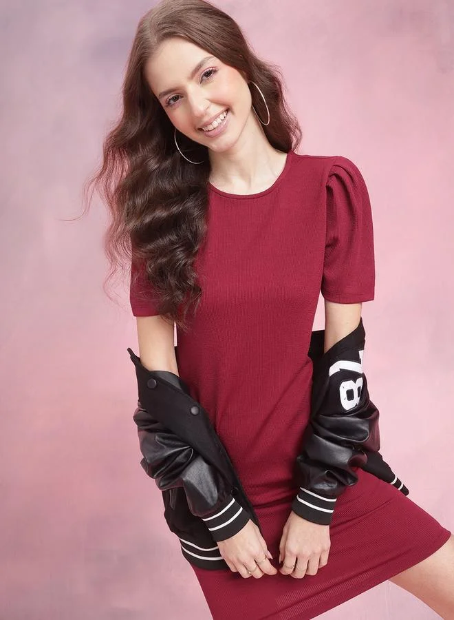Dressberry Burgundy Bodycon Knee-Length Party Dress with Short Puff Sleeves
