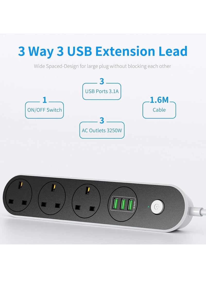 Generic - 3 Power Sockets + 3 USB Auto Max 3.4A Charging Socket – Fast Charging, Anti-Static Protection, 3M Heavy-Duty Extension Cord – 2500W Power Capacity – Ideal for Home & Office (Round) - Image 1