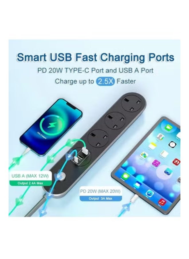 كابل تمديد طاقة 6 في 1، شريط طاقة متين بثلاثة منافذ تيار متردد، منفذا USB وPD | سلك تمديد 13 أمبير للحماية من زيادة التيار مع غطاء أمان | مقبس تمديد متين مقاوم للهب للمنزل والمكتب - Image 3