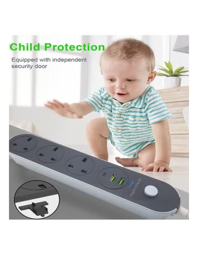 كابل تمديد طاقة 6 في 1، شريط طاقة متين بثلاثة منافذ تيار متردد، منفذا USB وPD | سلك تمديد 13 أمبير للحماية من زيادة التيار مع غطاء أمان | مقبس تمديد متين مقاوم للهب للمنزل والمكتب - Image 5