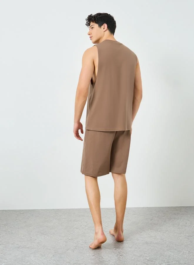 Styli  Men Brown Relaxed Fit Tank and Shorts Pyjama Set for Men | Best Price UAE