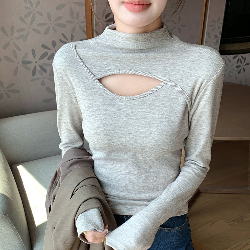 بلوزة بأكمام طويلة وياقة نصف عالية مع قصات - تصميم تهوية استراتيجي - Image 1