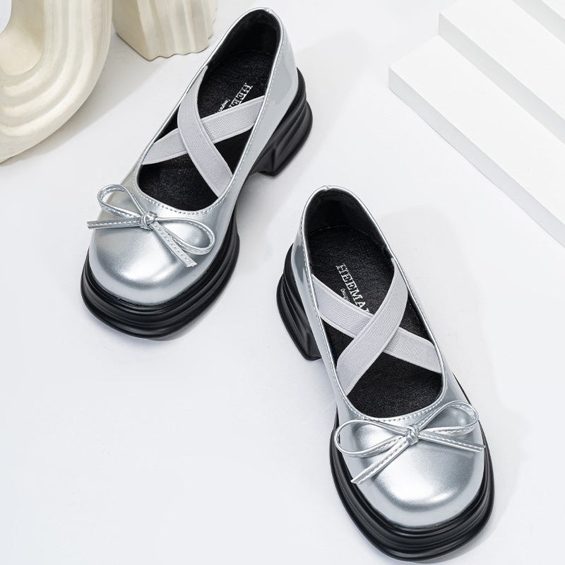 Western Style Cross Rope With Baby Sweet Ribbon Bow British Pure Color Bright Silver Loafers 2025 Spring Women - Image 3