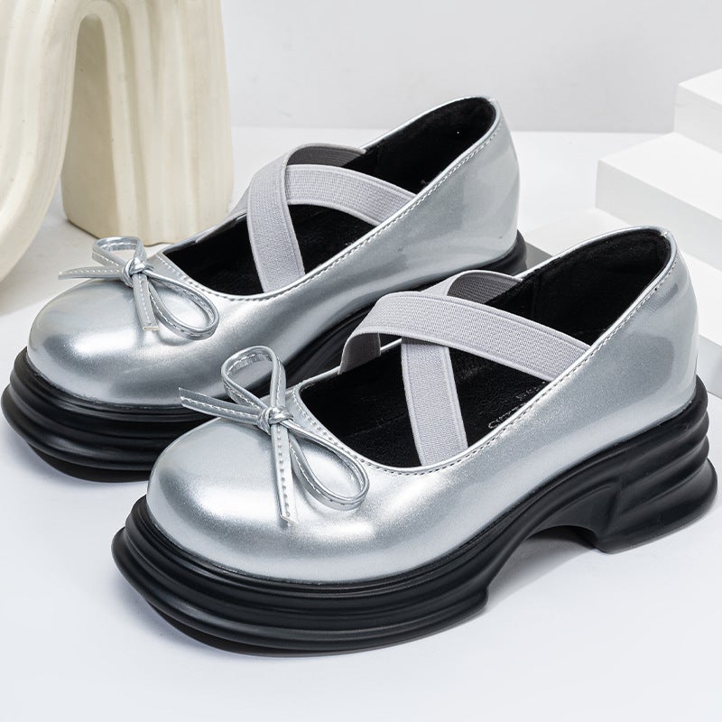 Western Style Cross Rope With Baby Sweet Ribbon Bow British Pure Color Bright Silver Loafers 2025 Spring Women - Image 1