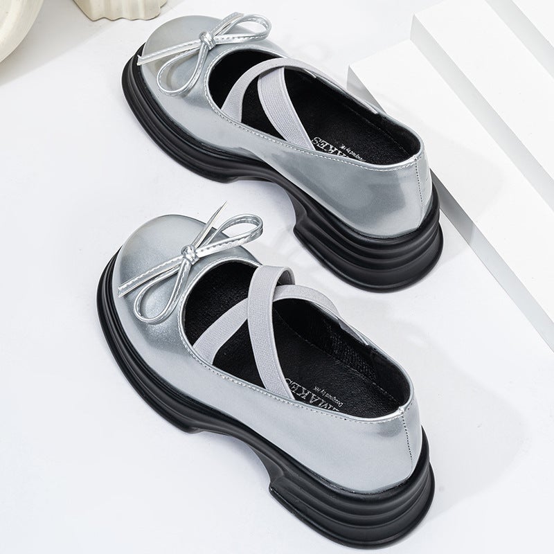 Western Style Cross Rope With Baby Sweet Ribbon Bow British Pure Color Bright Silver Loafers 2025 Spring Women - Image 5