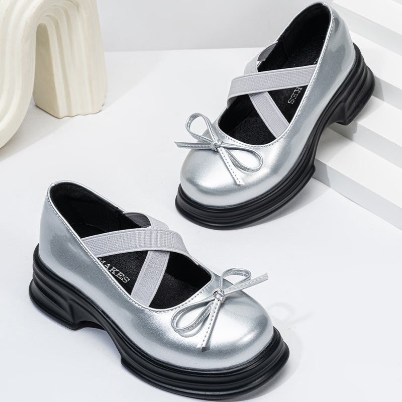 Western Style Cross Rope With Baby Sweet Ribbon Bow British Pure Color Bright Silver Loafers 2025 Spring Women - Image 2