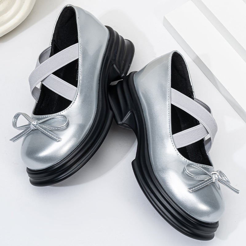 Western Style Cross Rope With Baby Sweet Ribbon Bow British Pure Color Bright Silver Loafers 2025 Spring Women - Image 4