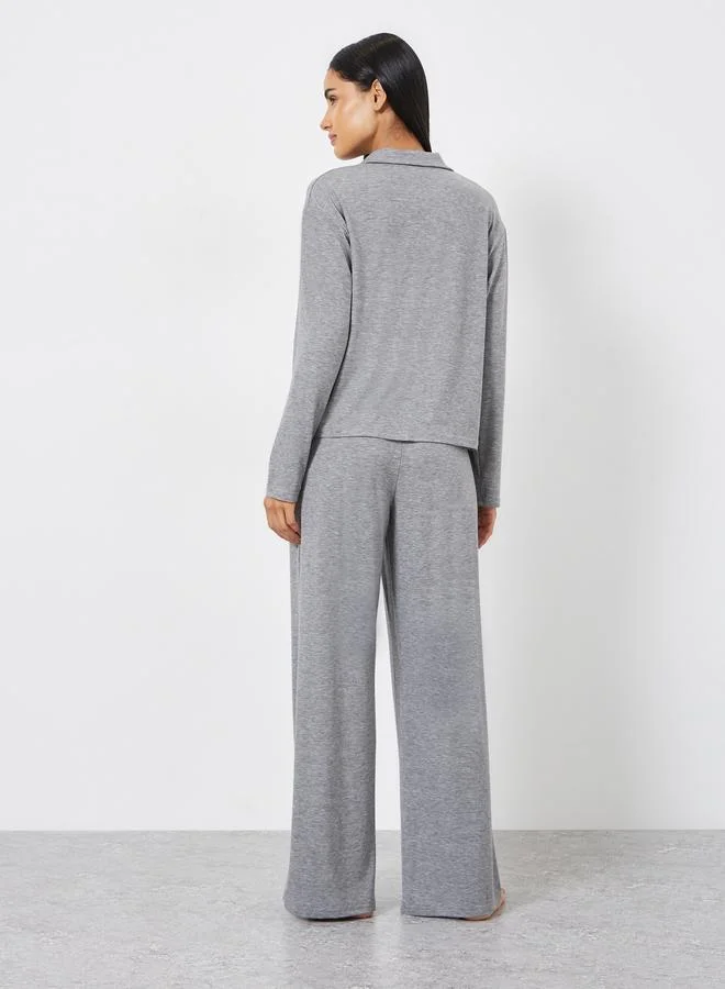 Styli  Melange Long Sleeve Shirt and Wide Leg Pyjama Set for Women | Best Price UAE