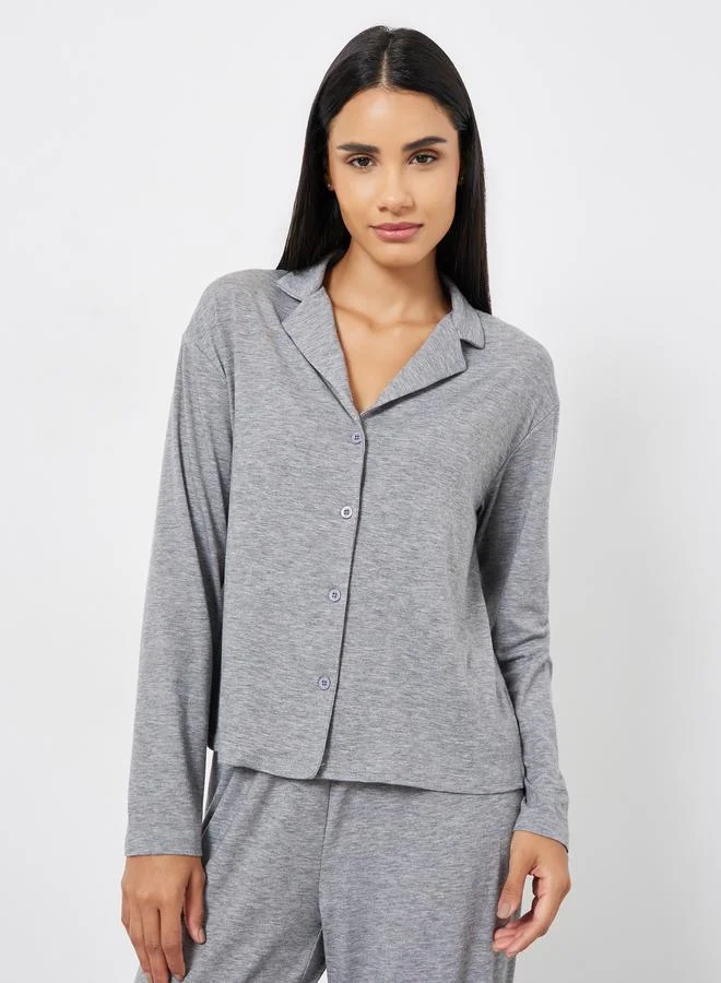 Styli  Melange Long Sleeve Shirt and Wide Leg Pyjama Set for Women | Best Price UAE