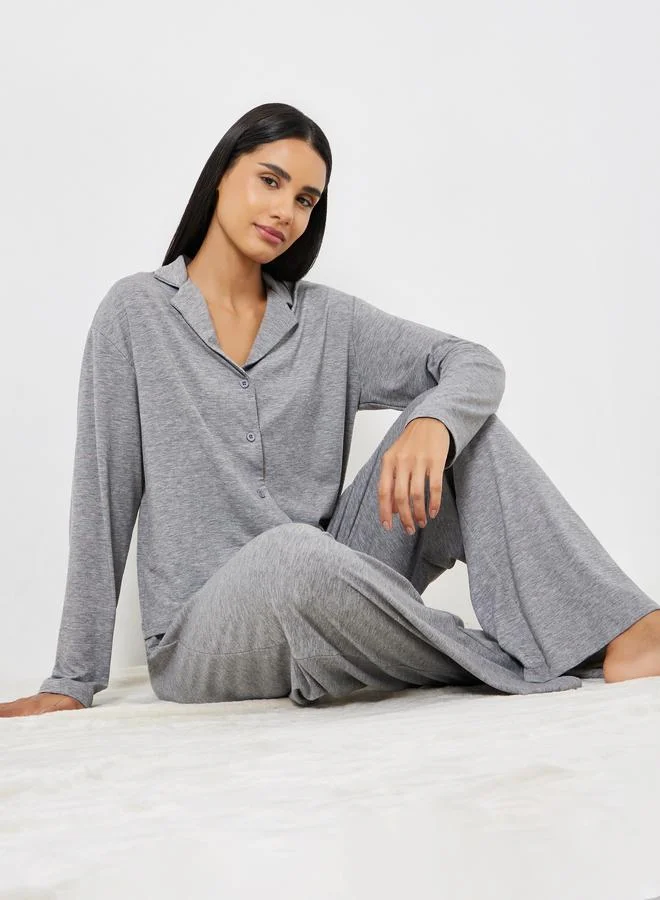 Styli Melange Long Sleeve Shirt and Wide Leg Pyjama Set
