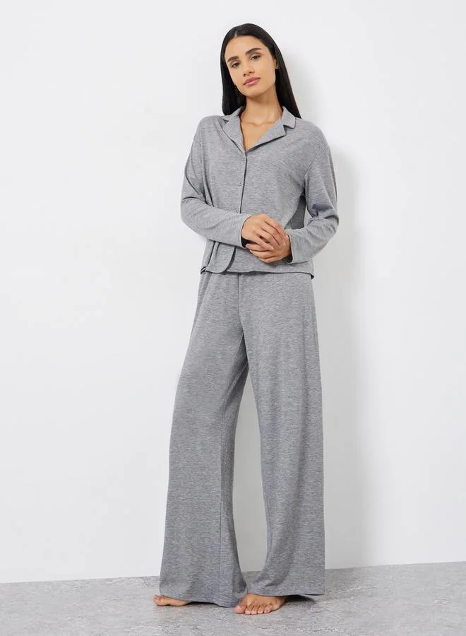 Styli Melange Long Sleeve Shirt and Wide Leg Pyjama Set