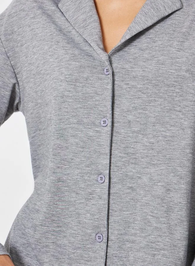 Styli  Melange Long Sleeve Shirt and Wide Leg Pyjama Set for Women | Best Price UAE