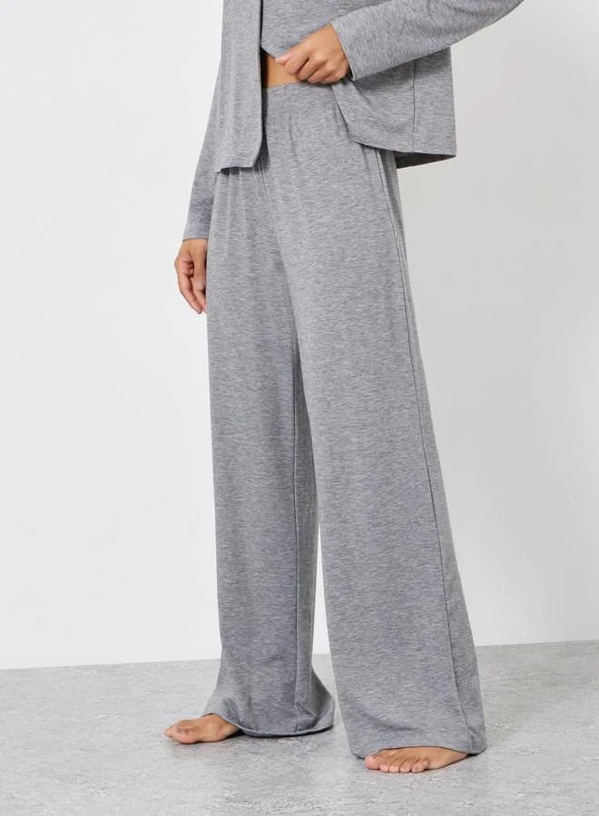 Styli  Melange Long Sleeve Shirt and Wide Leg Pyjama Set for Women | Best Price UAE