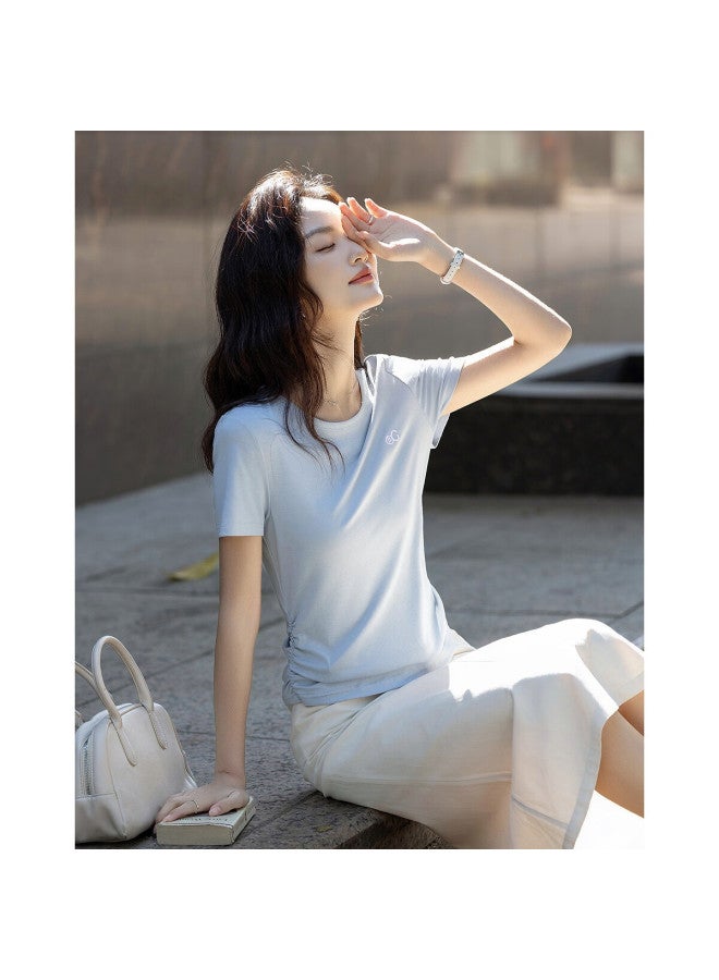 Dme Summer Chic Alphabet Embroidered T-Shirt With Pleats And Double C Waist Design For Women - Image 1