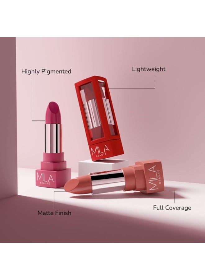 ميلا بيوتي أحمر شفاه مطفي من ميلا بوتيه (MILA BEAUTÉ) | تركيبة خفيفة الوزن وعالية الصبغة | لمسة نهائية مطفية | تغطية كاملة | الدرجة: Russian Hue | 4.2 جم - Image 3