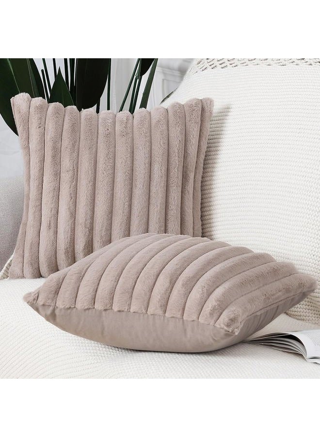MADIZZ Set of 2 Faux Fur Plush Decorative Throw Pillow Covers 20x20 Inch Taupe Fluffy Striped Soft Decorative Cushion Cover for Sofa Bedroom Pillow Shell - Image 3