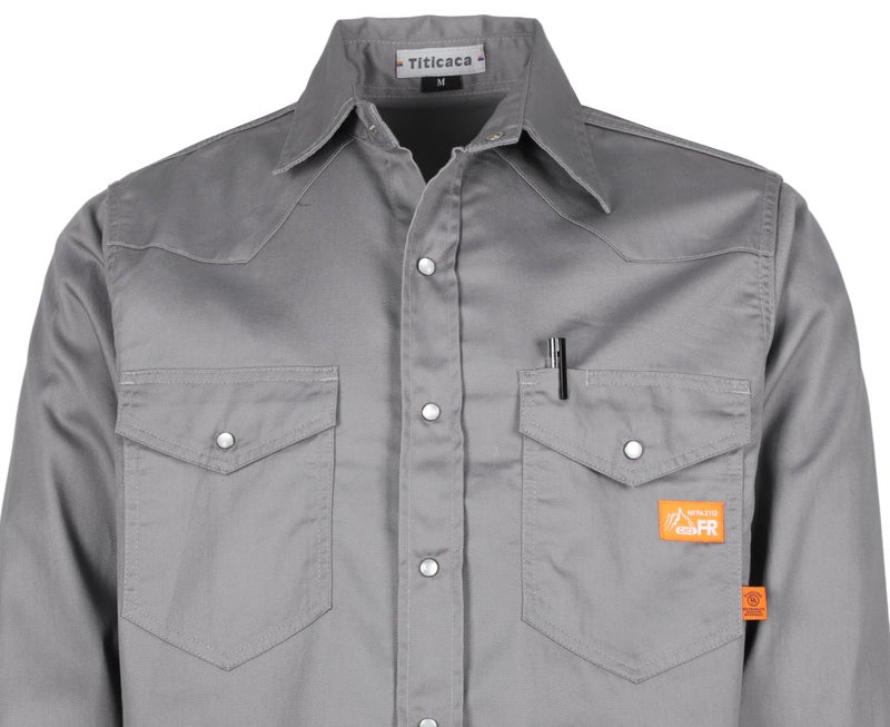 Titicaca FR Work Shirt Pearl Snaps Flame Resistant Shirt Men's Cotton 6.5oz Lightweight Gray Welder's Shirts - Image 5