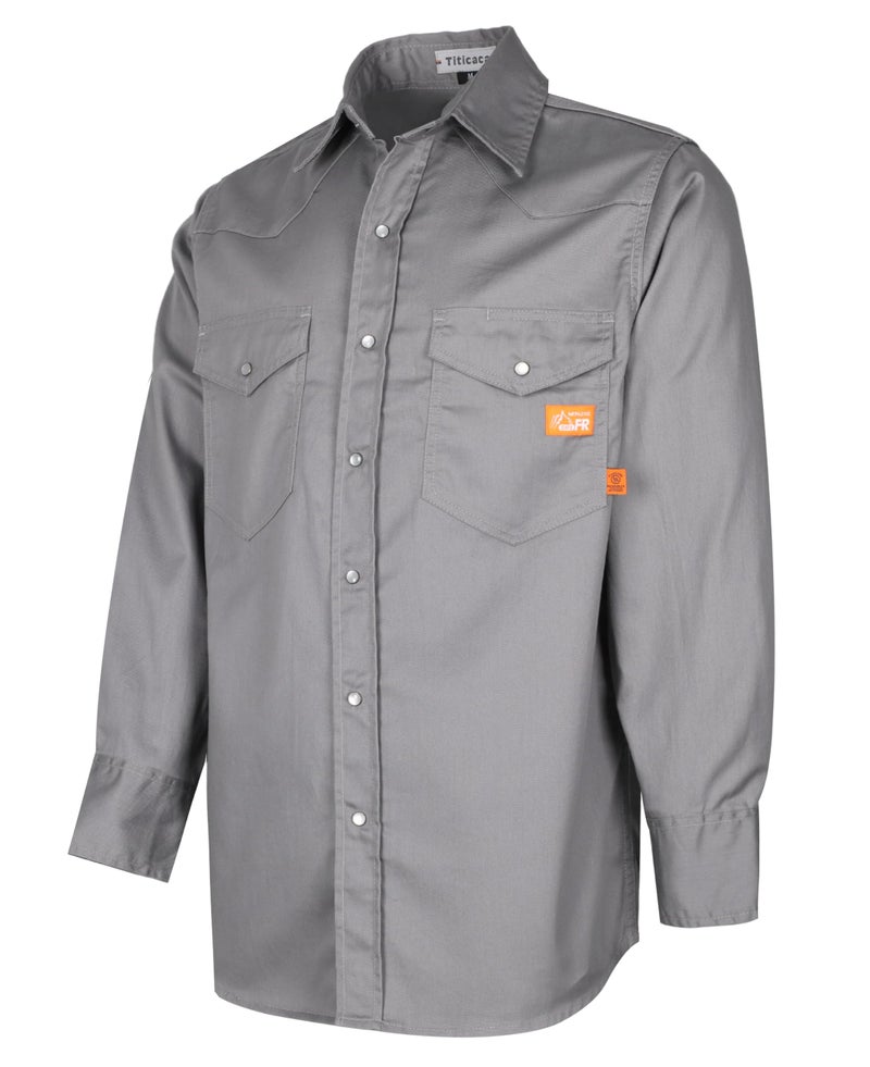 Titicaca FR Work Shirt Pearl Snaps Flame Resistant Shirt Men's Cotton 6.5oz Lightweight Gray Welder's Shirts - Image 4