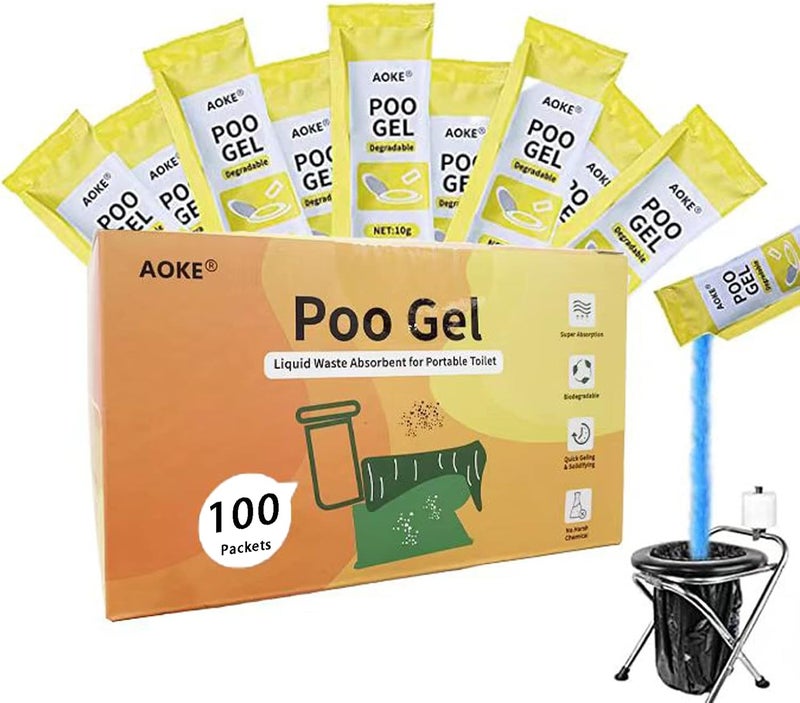 AOKE Portable Toilet Powder, Lemon 100 Pack Poo Gel for Camping Eco Absorbent Gel Liquid Waste Gelling and Deodorizing Powder, Emergency Toilet Waste Treatment for Outdoor Camping Hiking - Image 1